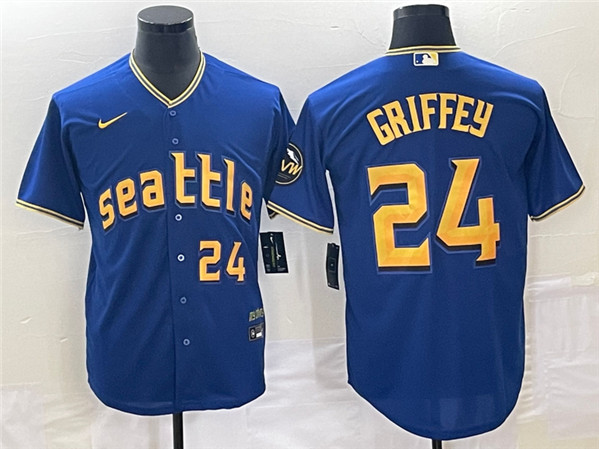 Men's Seattle Mariners #24 Ken Griffey Jr. Royal 2023 City Connect Cool Base With Patch Stitched Baseball Jersey